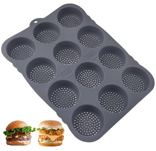 Jjqieosjeog Molde Redondo para Hornear Hamburguesas con 12 Compartimentos de 8 cm de Diámetro Cada Uno, Molde de Silicona para Hornear Hamburguesas, Molde para Hornear Pan (Negro)