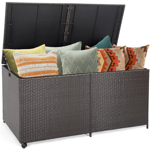 LIFEZEAL 662 L Coffre de Rangement en Rotin PE, Boîte Extérieur Intérieur avec 2 Roues Universelles, Housse Imperméable à Fermeture Éclair, Pouf pour Jardin, Balcon, 150x77x73 cm