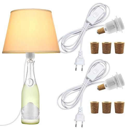 2 Stück E27 Lampenfassung für Flaschen, Fassung mit 240CM Kabel, Weiß Flaschenlicht, Flaschenlampe Adapter mit 3 Kork, Flaschenlampe Aufsatz, DIY Lichtschirm Tischlampe Kit für Vielfältig Flaschen