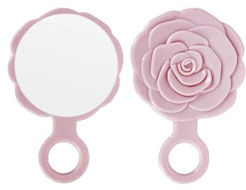 Funerom Petit miroir rond avec poignée et bouton de rose (plastique rose, 16,3 x 10,7 cm)