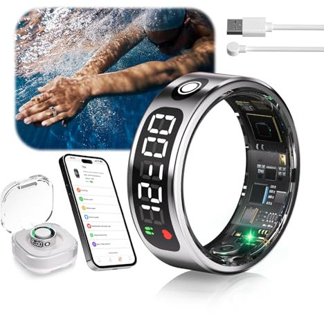IUHFSIFS 6 Gen Smart Ring mit LED Screen【5.3+EDR Technologie - 0,1%± Fehler】【5ATM Wasserdicht】 Smartring für Männer und Frauen zur Überwachung von Schlaf, Herzfrequenz, Silver 12#