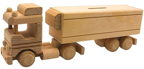 Dekohelden24 Nachhaltige fahrbare Holz - Spardose, Sparbüchse als LKW, Sattelschlepper - Spardose, Kinderspardose Lastkraftwagen, Spartransporter, Sattel LKW aus Buchenholz, L/B/H 31 x 5 x 10 cm.