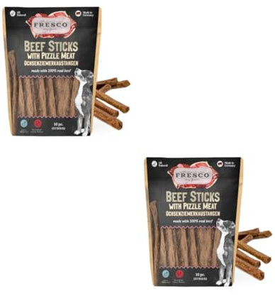 Fresco Ochsenziemerkaustangen 25 cm | Doppelpack | 2 x 10 Stück | Ergänzungsfuttermittel für Hunde | Natürlicher Snack aus frischer Rinderkopfhaut und Ochsenziemer | Wiederverschließbar