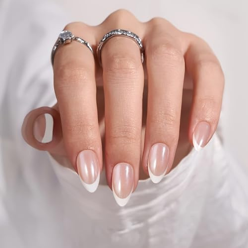 Press On Nails Short, French Tip False Nails Almond Shape - 30 Pcs Reusable Soft Gel Fake Nails in 15 Sizes, Semi-Transparent Stick On Nails for Women, Classic White Tips Design Acrylic Fake Nail