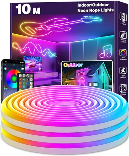 LETIANPAI 10m Neon Rope Lights, Multiple Modes,Flexible LED Cord Lights Controlled with App/Remote, IP65 Outdoor RGBWaterproof, Music Sync Led Neon Light Strip for Bedroom Decoration