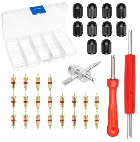 Yelvornic 33PCS Tyre Valve Repair Kit, Durable Core Remover Tool, Complete Car and Bicycle Set, Includes Valve Caps and Cores