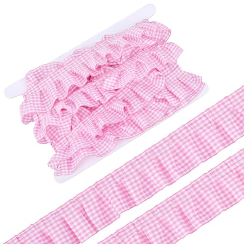 HOBBIESAY 4.5m Rosa Gingham Rüschenbesatz 39mm Rosa Gingham Plissee Rüschenband Bordüre geraffte Spitze Band Ruffle Ribbon Trim Vintage Spitze Rand Trim für DIY Näh Und Kleiderverzierungen