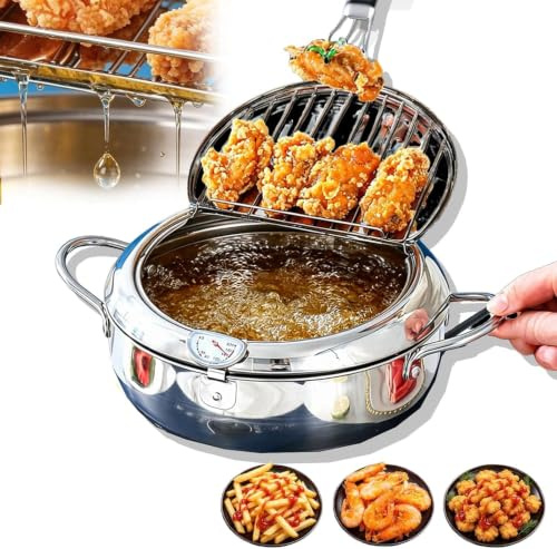 Deep Fryer Pot With Lid and Oil Drip Rack Thermometer 2.2L Stainless Steel Japanese Style Tempura Frying Pan Frying Chicken Pot Tempura Fryer Pan For French Fries Shrimp Meatballs Kitchen Cooking