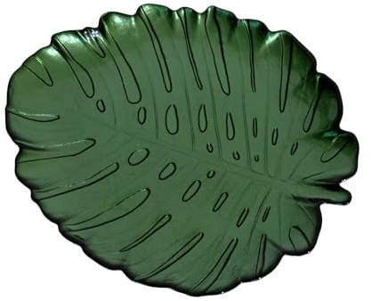Darthome Emerald Green Glass Monstera Leaf Decorative Plate, Tropical Botanical Design with Textured Veined Detailing
