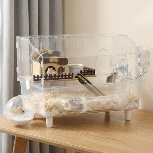 Grande cage pour hamster syrien à 2 couches, en acrylique, avec fenêtre de visualisation, 45 x 28 x 34 cm, entièrement transparente, avec décoration de maison de champignons, cage à souris pour