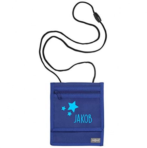 Brustbeutel mit Namen | Motiv Sterne inkl. Namensdruck personalisiert & Bedruckt | Geldbörse Kindergeldbeutel Münzfach für Kinder Jungen Mädchen mit Klettverschluss zum Umhängen (dunkelblau)
