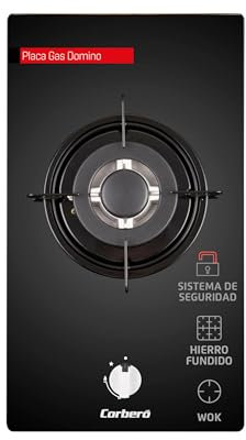 Corberó - Encimera de Gas Domino | CPCGY101DN | 3,3 kW | 1 Fuego | Autoencendido | Zona Wok | Compacta 32x52x11 cm | Hierro Fundido | Ideal Cocinas Pequeñas | Kit de conversión a Gas Natural | Negro