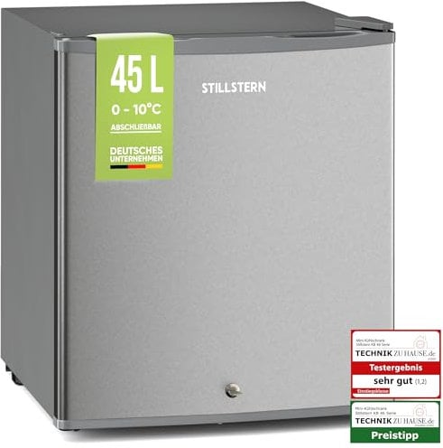 Stillstern Mini Kühlschrank E 45L mit Abtauautomatik, Schloss, Frostfach, Leise, Ideal für Küche, Büro, Schlafzimmer, Hotels und kleine Wohnungen Kühlschrank klein Minibar Getränkekühlschrank