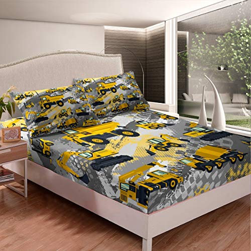 Tbrand Kinder Karikatur Auto Spannbettlaken 90x200cm Jungen Baufahrzeuge Bettlaken Set für Jugendliche Karikatur Maschinen LKW Spannbetttuch Baustelle Autos 2St