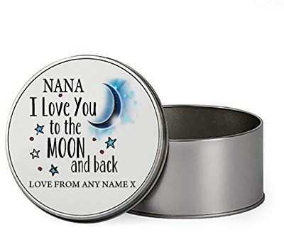 Giftme Personalised Nana I love You To The Moon And Back Portable Metal Tin Storage Box Biscuit Chocolate Tin Emergency Stuff Tin Birthday Present. (Round)