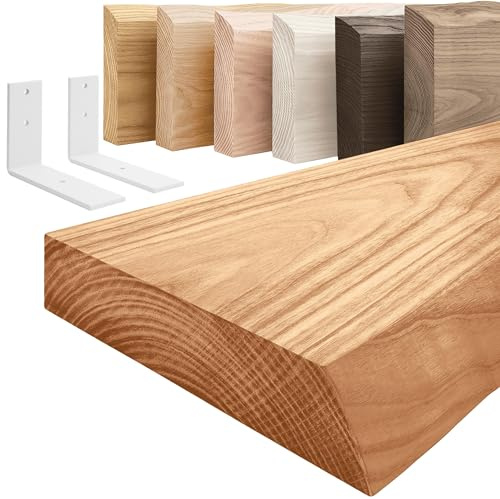 LAMO Manufaktur Holzregal mit weißen L-förmigen Halterungen | Wand Regal 100 cm breit für Wohnzimmer, Küche, Büro im Industrial-Stil | Farbe: Dunkel, Kante: natürlich | Massivholz, Vintage-Charakter
