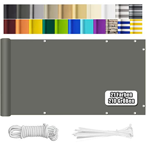 HERILIOS Balkon Sichtschutz,90X600CM Balkonabdeckung 220 g/m² Innen Balkonverkleidung UV-Schutz (210Größen&21Farben) Ohne Bohren mit Ösen Kabelbinder und Kordel für Balkongeländer Terrasse, Grau