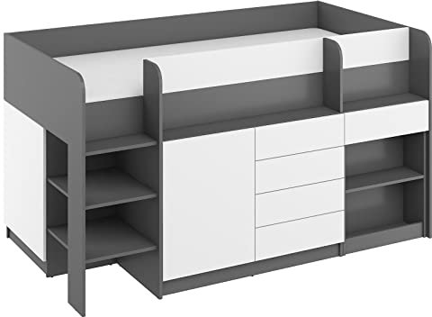 BIM Furniture Etagenbett Smile L Kindermöbel, Möbelset für EIN Kinderzimmer, EIN Bett mit Schreibtisch, Regalen, Schubladen: Linke Seite (Graphit/Weiß), 90 x 200 cm