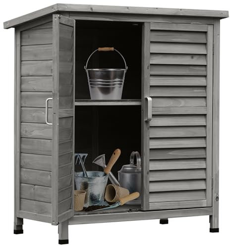 Outsunny Garden Shed Wooden Garden Storage Shed 2 Door Unit Solid Fir Wood Garage Tool Organisation Cabinet, 87L x 46.5W x 96.5Hcm, Grey