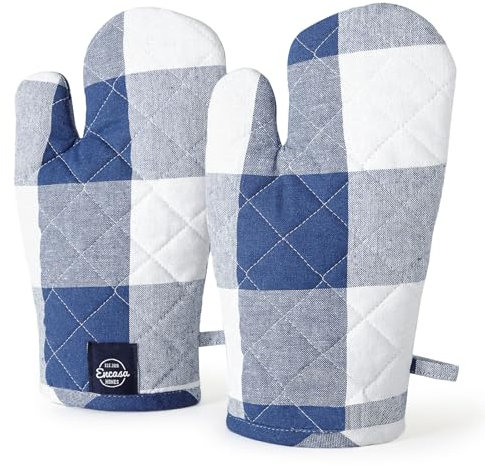 Encasa XO Gants de Four en Coton résistant à la Chaleur (Lot de 2) - sûr pour la Cuisine, la Cuisine et la pâtisserie, la Manipulation de marmites Chaudes - 18x30 cm Carreaux Bleu Buffle