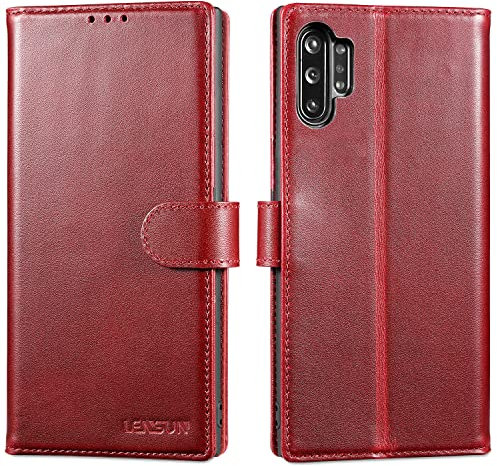 LENSUN Echtleder Hülle für Samsung Galaxy Note 10 Plus, Handyhülle [Echtes Leder] [RFID Blocker] Handytasche Lederhülle für Samsung Galaxy Note 10+ 5G - Weinrot