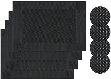 Famibay Placemats and Coasters Sets of 4 Kitchen Place Mats Washable Heat Resistant Table Mats and Coasters Black for Kitchen Dining Restaurant