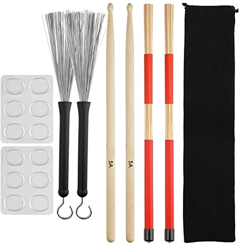Uinfhyknd Drum Sticks Set,5A Maple Wood Drum Sticks,Drum Rods Brushes,Retractable Drum Wire Brushes,Drum Dampeners with Bag
