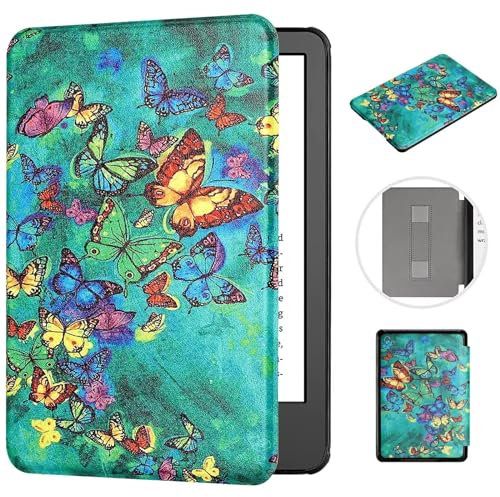 MOKASE Hülle Kompatibel mit Neu 6 Zoll Kindle 11. Generation 2022 2024 Freigebe (Modell: C2V2L3 RS23CV), Kunstleder Magnetische Hartschale mit Handschlaufe Automatic Schlaf/Aufwach, Green Butterflies