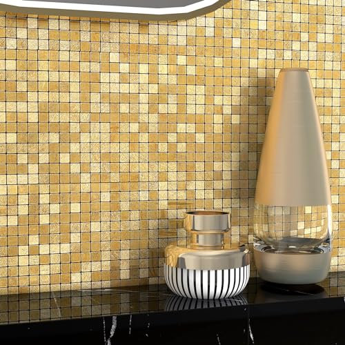 VAOVI Metallic Gold Stick on Tiles Kitchen Splashback,Self Adhesive Golden Stickers 3D Wall Panels Metal Mosaic Heat Resistant (Mini Square,10sheets)