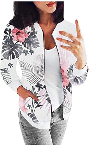Topgrowth Accessorio Damen Bomberjacke Blumenmuster Langarm Jacket leichte Fliegerjacke Blouson Pilotenjacke Kurzjacke Damenjacke Outwear Kurz Coat autumn Frühling College Jacke (A-White, M)