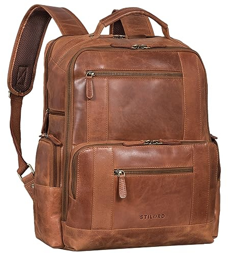 STILORD Eike Modischer Laptoprucksack 15,6 Zoll Leder Business Rucksack Damen Vintage Tagesrucksack Herren Leder Rucksack mit vielen Fächern Echtleder Farbe:Andorra - braun