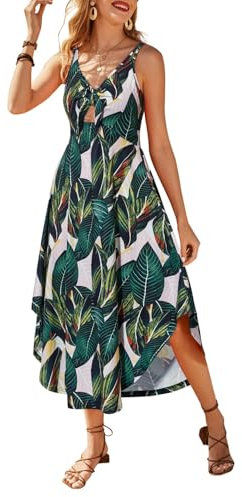VOTEPRETTY Sommerkleid Damen Elegant Maxikleid Lang Sommer Kleid Hochzeitsgast Ärmellos Boho Strandkleid(Palmenblätter,L)