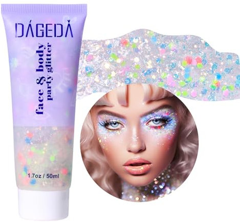 Prreal Körper-Glitter-Gel 50ml, Gesichts- und Körper-Sequin-Gel, Flüssiger Lidschatten, Chunky Glitter für Gesicht, Haare, Nägel, Holographisches Kosmetik-Laserpuder für Festival-Make-up#Candy