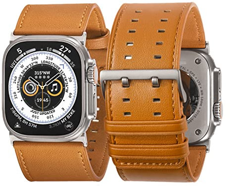 Tefeca Dual Series Replacement Watch straps Compatible with Apple Watch/Apple Watch Ultra(Brown Leather with Silver Adapters, 49/45/44/42mm)