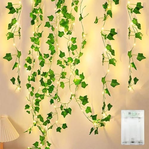 Bigzom Edera artificiale ghirlanda di 4 m, ghirlanda luminosa con 40 LED, ghirlanda luminosa per interni, matrimoni, uffici, decorazioni per feste, ghirlanda di foglie