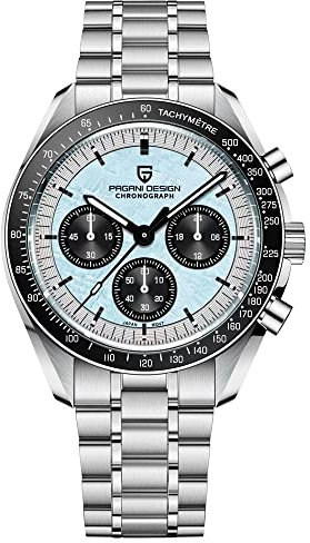 Pagani Design 1701 Herren Professionelle Chronograph Japan VK63 Quarzwerk Mond Armbanduhr Edelstahl 100M Wasserdicht Casual Analog Uhr Datum, Meteorit-EIS/Blau V4