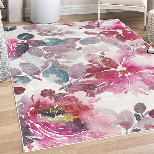 ABAKUHAUS Blumig Aquarell Dekorativer Teppich, Boho Rosenblumen, Hochwertiger Flächenteppich für Schlafzimmer und Wohnzimmer, 122x170 cm, Magenta Grau Pink Kokosnuss