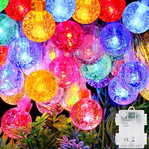 AUAUY Lichterkette Außen Batterie, 6M 40 LED Kristall Kugel Lichterkette mit 6h Timer, IP65 Wasserdicht Lichterkette für Weihnachten, Schlafzimmer, Hochzeit, Balkon, Geburtstag Innen Außen Deko-Bunt