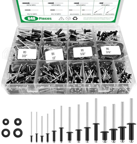 Yuahar 840Pcs 14 SAE Sizes Blind Rivets with Washer Assortment Kit, 3/32 1/8 5/32 3/16 1/4 Aluminum Pop Rivets for DIY Home Furniture Automotive Repairs