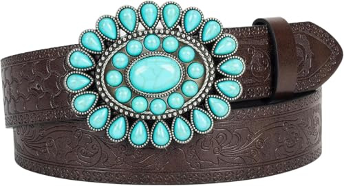 CaySep Damen Western-Türkis-Gürtel, geprägtes PU-Leder, Cowgirl-Gürtel, Applikationen, Jeans, Hosen, Kleider für Rodeo-Country-Konzert, coffee, 115cm/For Waist 72cm-99cm