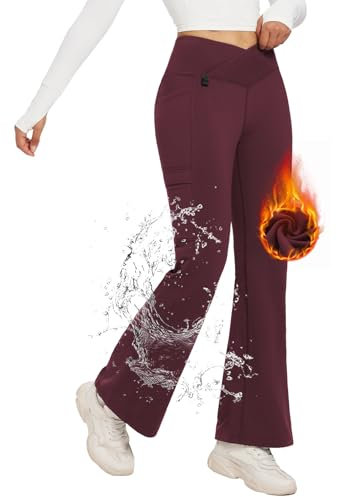 baleaf Fleece Lined Waterproof Trousers Womens with Zip Pockets Thermal Flared Leggings Ladies Winter Walking Hiking Wine red M