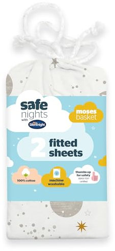 Silentnight Safe Nights Fitted Sheet - Moses Basket Mattress - Breathable 100% Cotton Jersey - Super Soft Kind to Baby Skin - 74x27cm - Secure Fit with Elasticated Corners - 2 Pack, Celestial