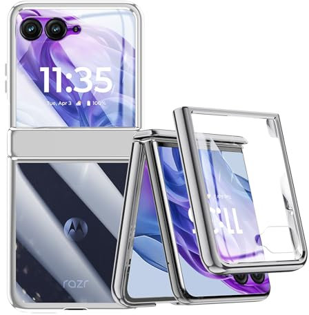 Mipoclea Trasparente Custodia per Motorola Razr 50 Ultra con Protezione per lo Schermo Integrata e Protezione della Cerniera, Cover Antiurto Sottile PC Rigido Lusso per Motorola Razr+ 2024 (Argento)