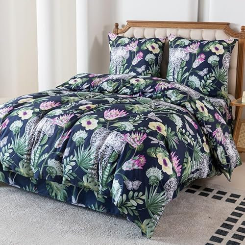 Cotton Market Bettwäsche 135x200 cm - Bettwäsche Mikrofaser Baumwolle - Herbst Bettwäsche-Sets 2 Teilig ‎mit Reißverschluss - Blumen Bettbezug mit 1 Kissenbezug 70x80 cm - Panther/Grün