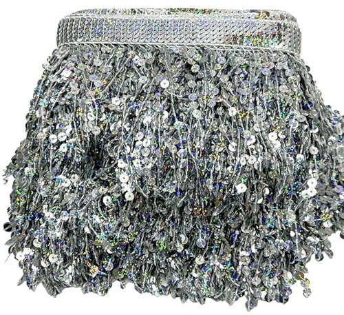 3 Meter Paillettenband mit Quaste Fransenborte Fransen für DIY Kleidung Dekoration, Vorhänge, Taschen, Kunsthandwerk (Silber)