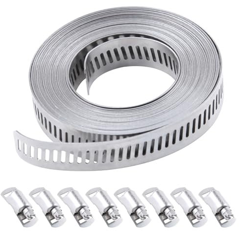 LEONTOOL 304 Stainless Steel Hose Clamp Assortment Kit DIY 12FT Metal Strap and 8 Stronger Fasteners Large Adjustable Worm Gear Band Hose Clamps Screw Clamps for Pipe Duct Tube and Fuel Line