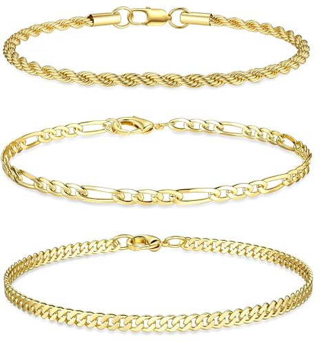 JeweBella 3 Stück Edelstahl Armband Herren Silber Gold Armbänder Männer | Robust Langlebig,Panzerkette Figaro Gliederseil Kette Armband Set für Herren Jungs, Armkette Männer Schmuck Geschenke