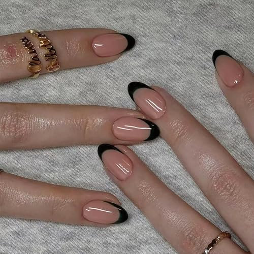 24 Stück Schwarz Französischer Falsch Nägel Zum Aufkleben, Natürlich Acrylic Künstliche Nägel mit Nagelkleber, French Tip Fake Nails, Voller Deckkraft für Fraue (French Schwarz, Mittel)