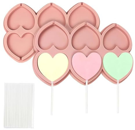 CONGGUAN 2-Pack Silicone Heart Lollipop Molds 6 Cavity Chocolate Candy Molds for Valentine's Day Chocolate Lolly Mould with 20 Sticks for Making Chocolate Candy Cube in Party