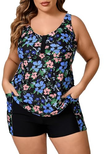 Halcurt Tankini Damen Große Größe Set mit BH Bauchweg Badeanzug 1X-4X | Vertellbare Träger, Tankini Oberteil mit Shorts, Atmungsaktiv, Schnell Trocknend